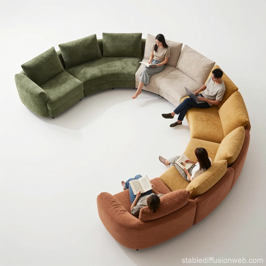 Curved Multicolor Sectional Sofa with People Reading and Working
