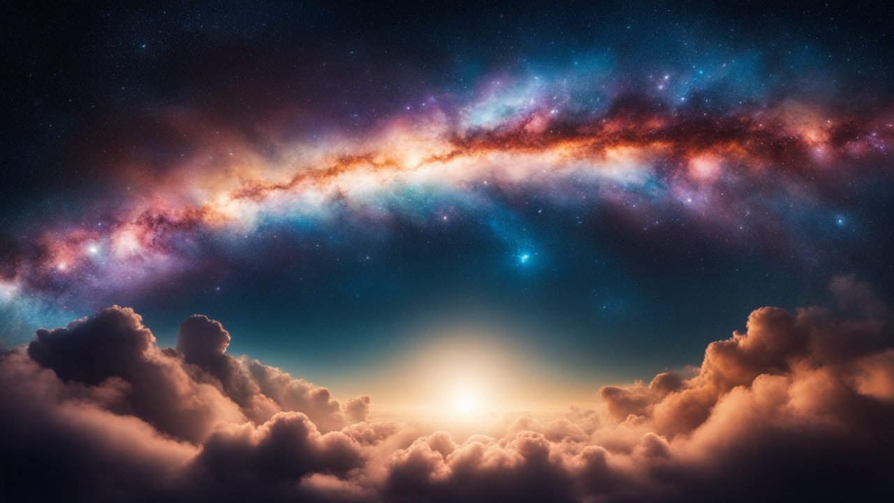 Curved Starry Galaxy Arch Over Glowing Clouds