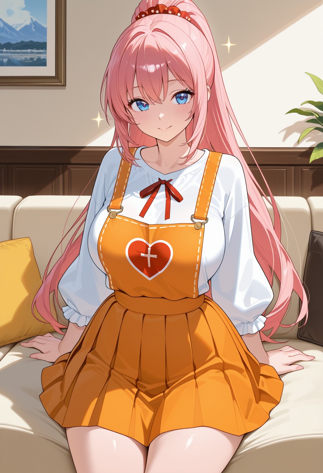Curvy Anime Girl with Pink Hair in Orange Dress Sitting on Sofa