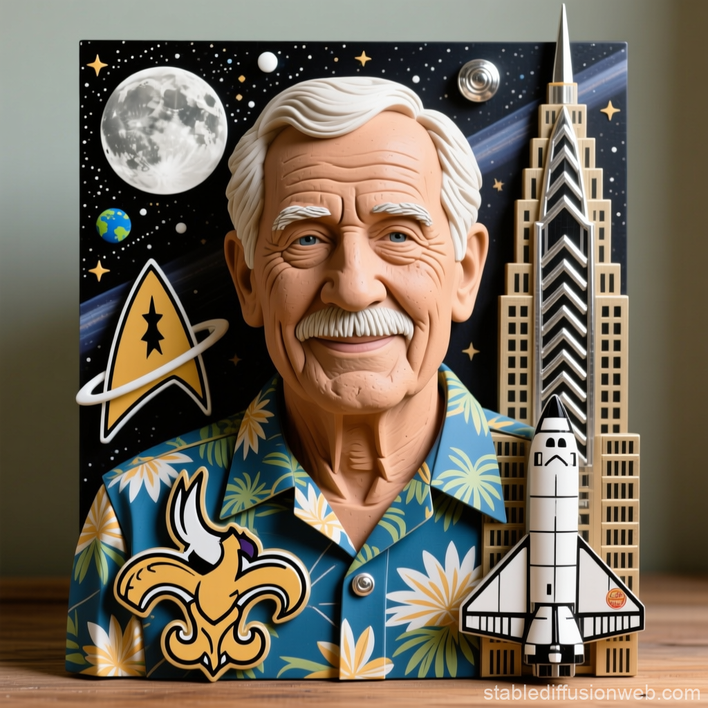 Custom Clay Sculpture of Elderly Man with Space and Architecture Elements