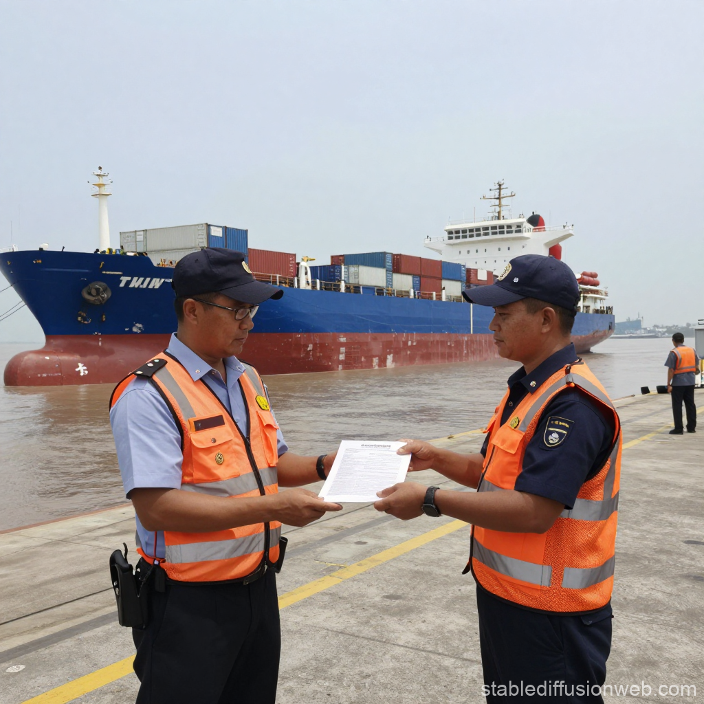 Customs Officers Inspecting Documents at Shipping Port