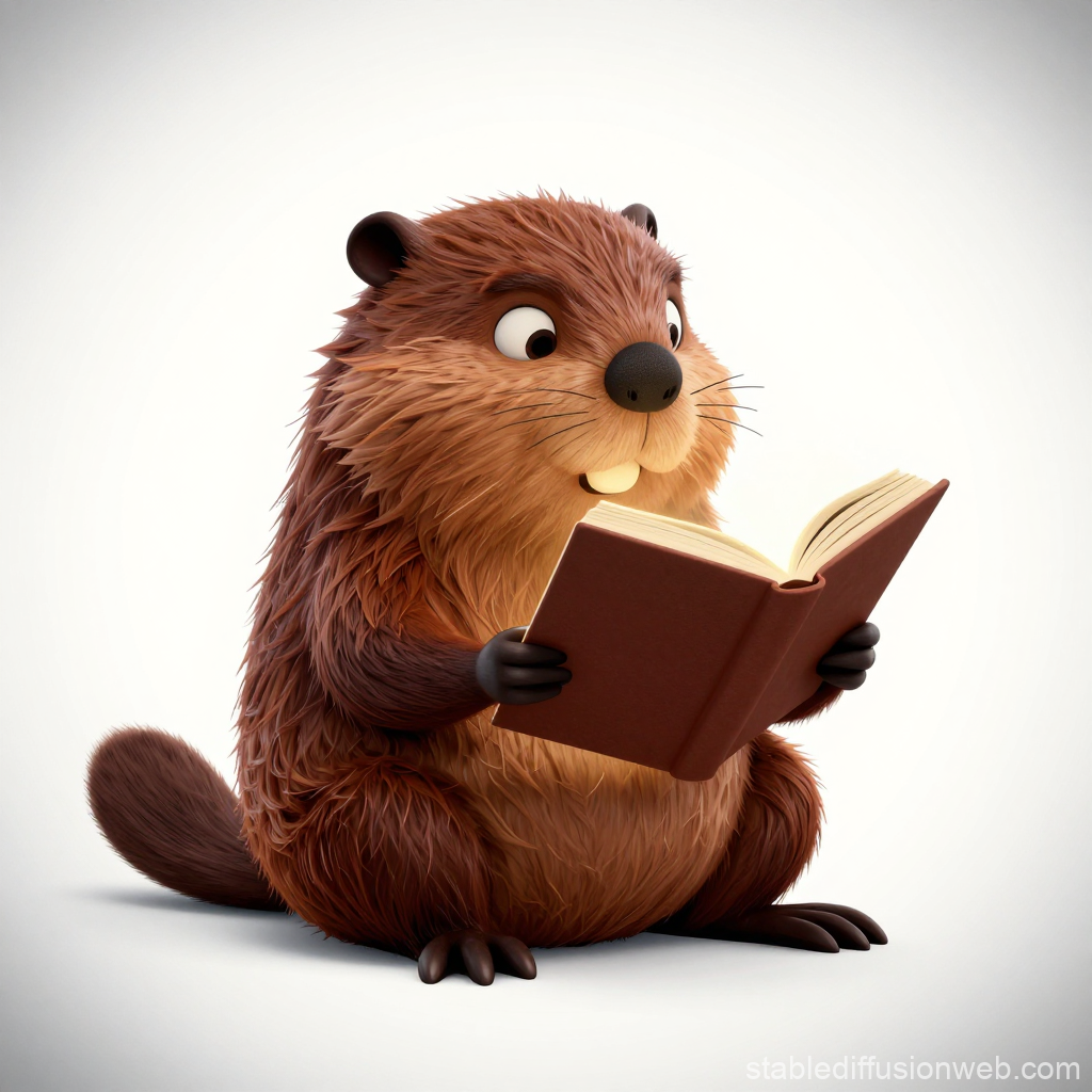 Cute 3D Cartoon Beaver Reading a Book