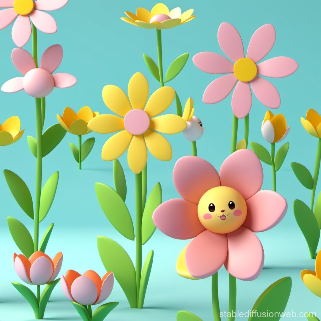 Cute 3D Cartoon Flowers with Smiling Faces