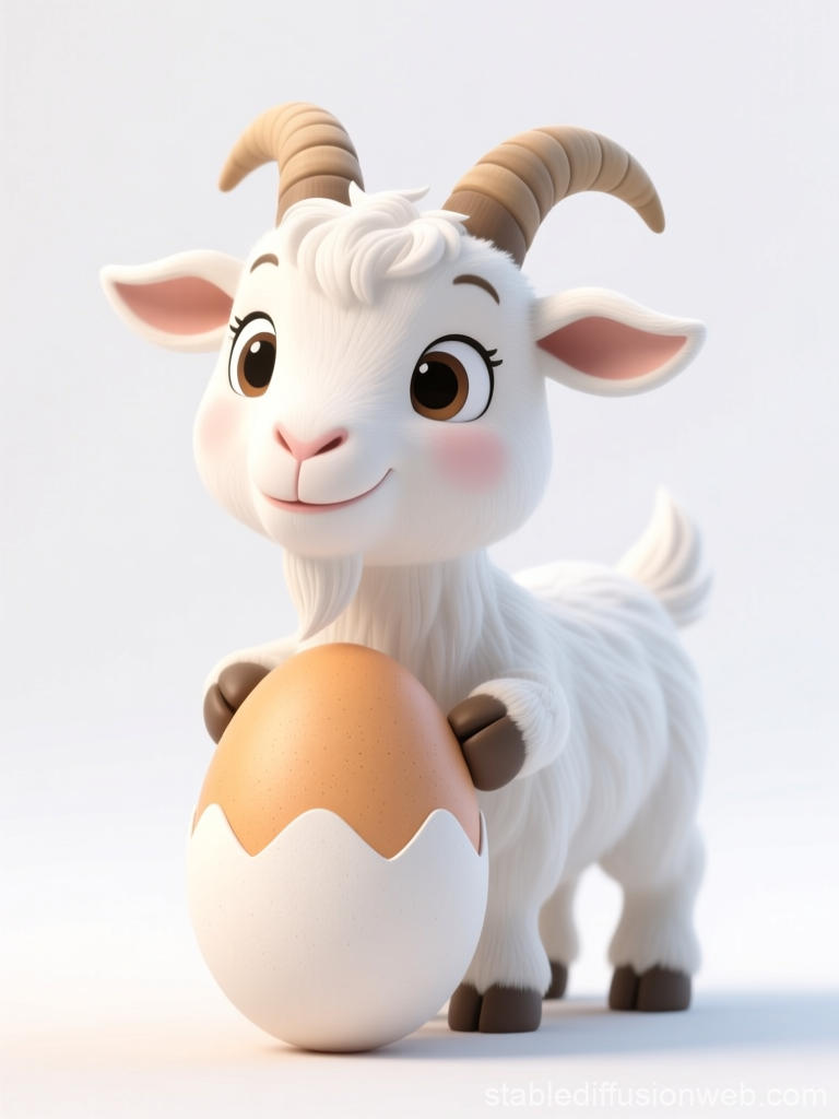 Cute 3D Cartoon Goat Holding a Large Egg