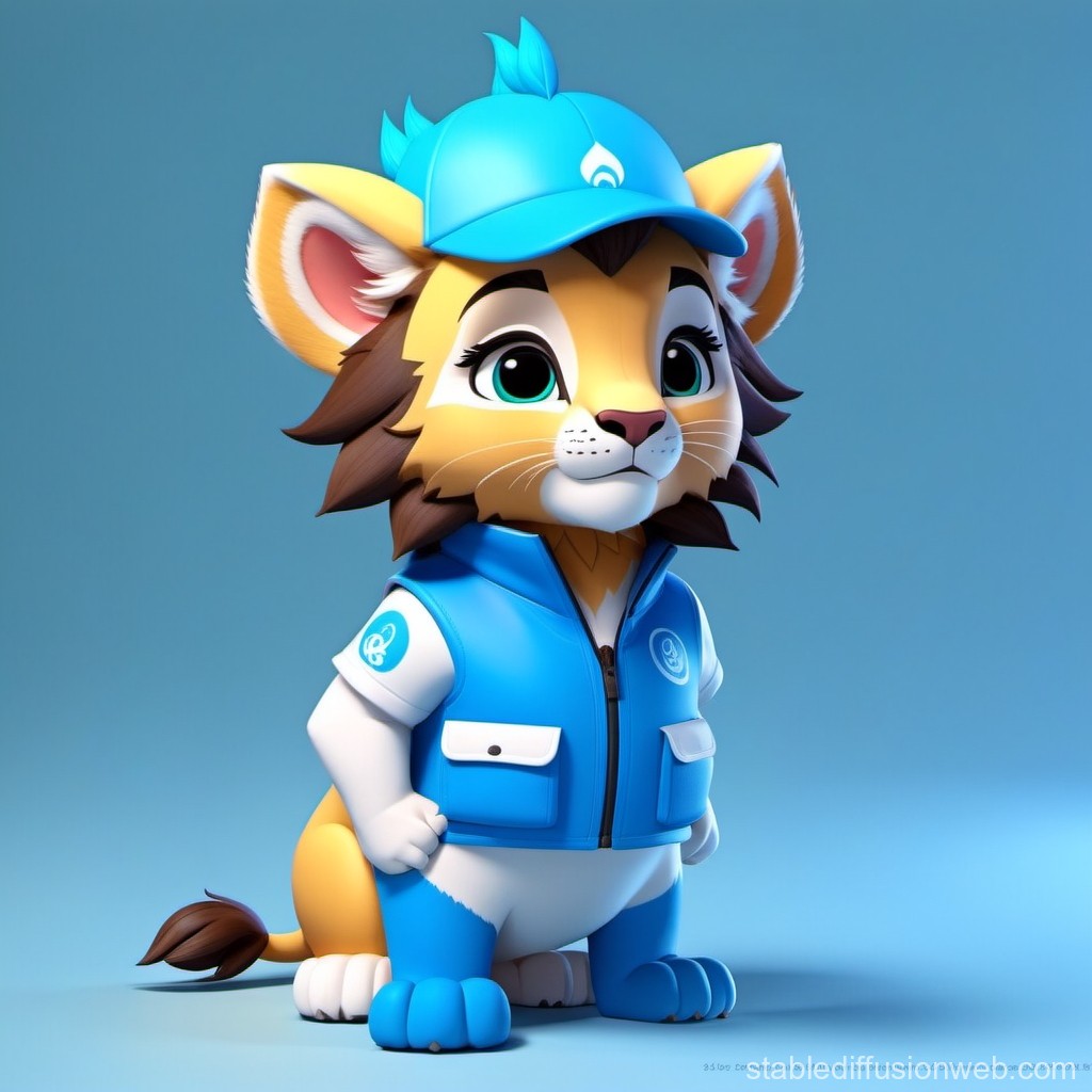 Cute 3D Cartoon Lion Cub in Blue Outfit and Cap