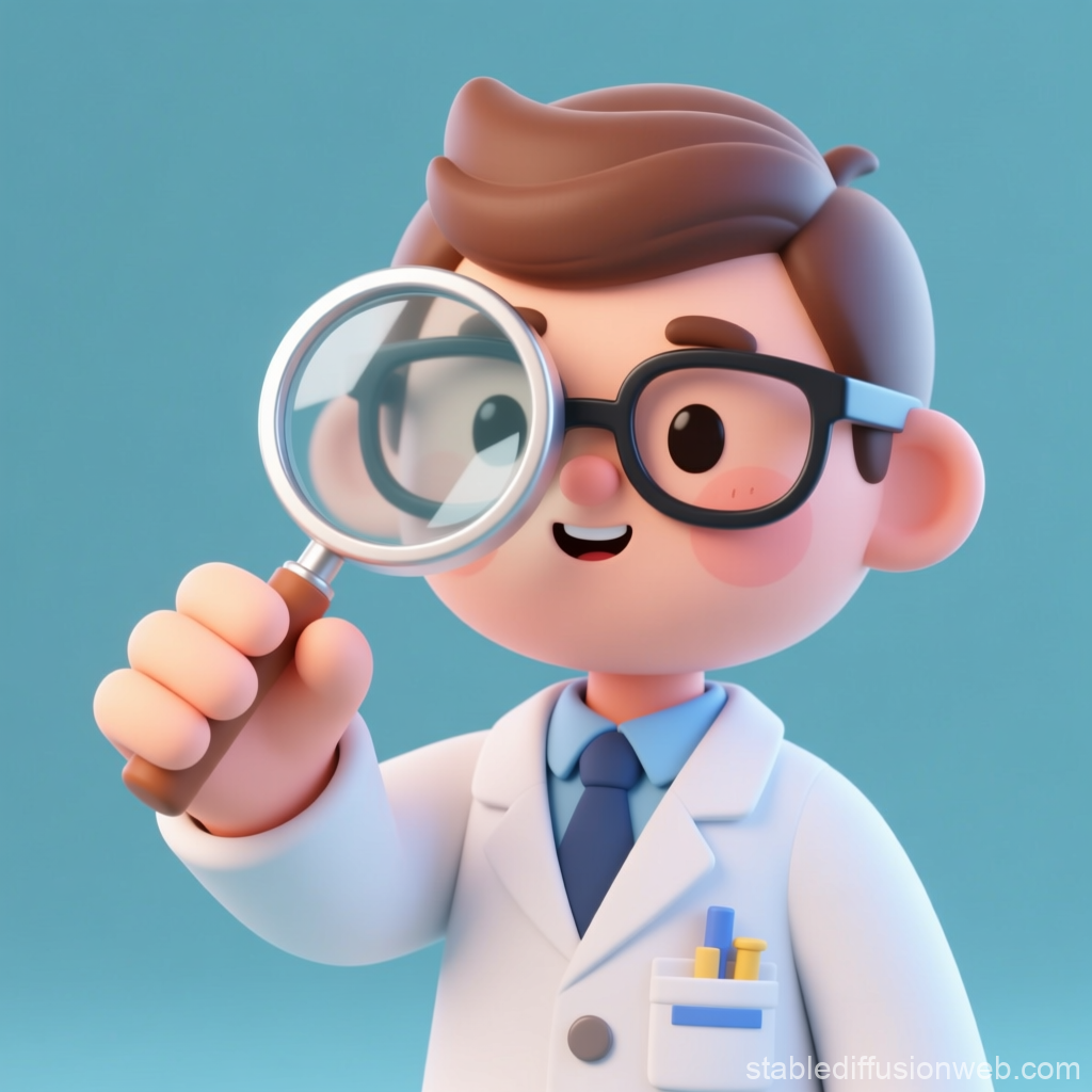 Cute 3D Cartoon Scientist with Magnifying Glass