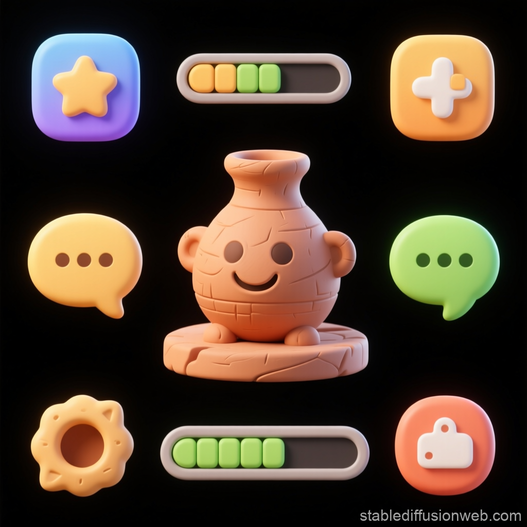 Cute 3D Game UI Elements with Smiling Pottery Character