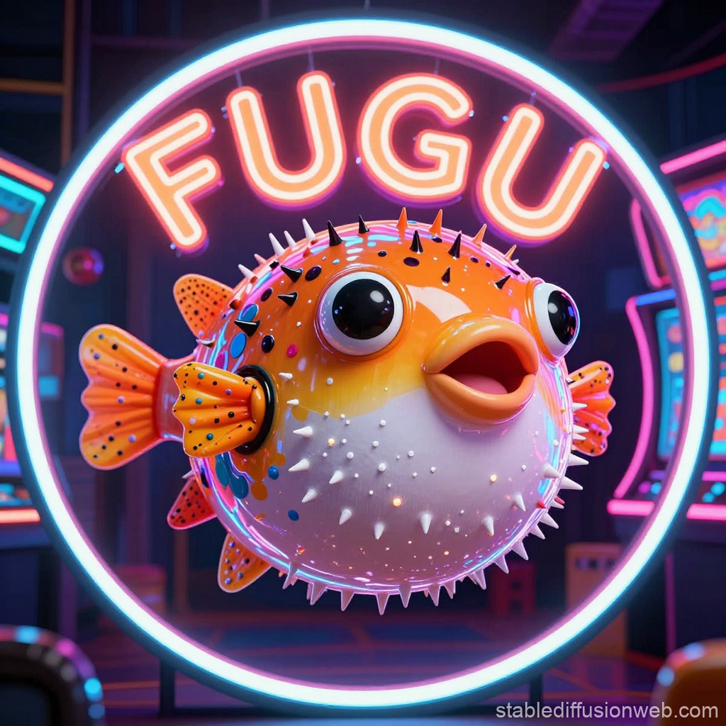 Cute 3D Rendered Pufferfish Casino Avatar with Neon Sign