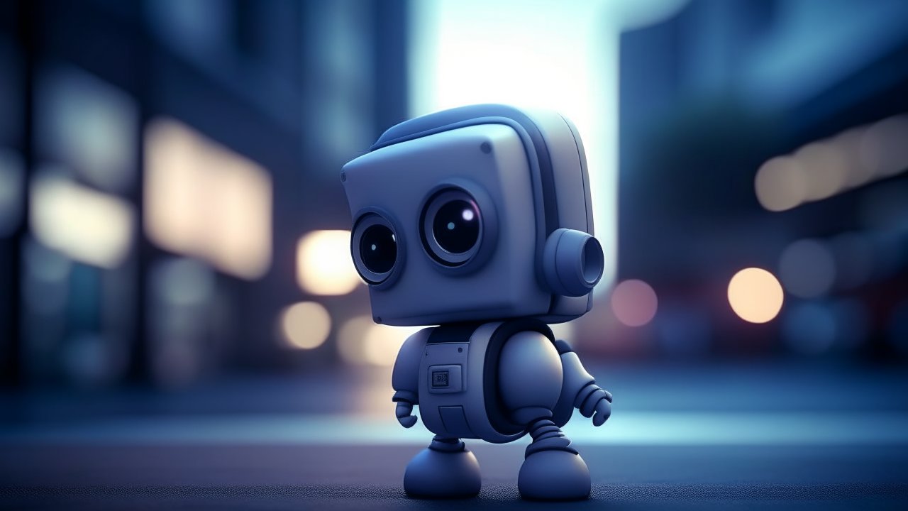 Cute 3D Robot Mascot with Big Eyes in Urban Night Scene