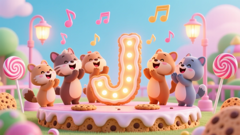 Cute Animals Celebrating Around a Lighted J Cookie