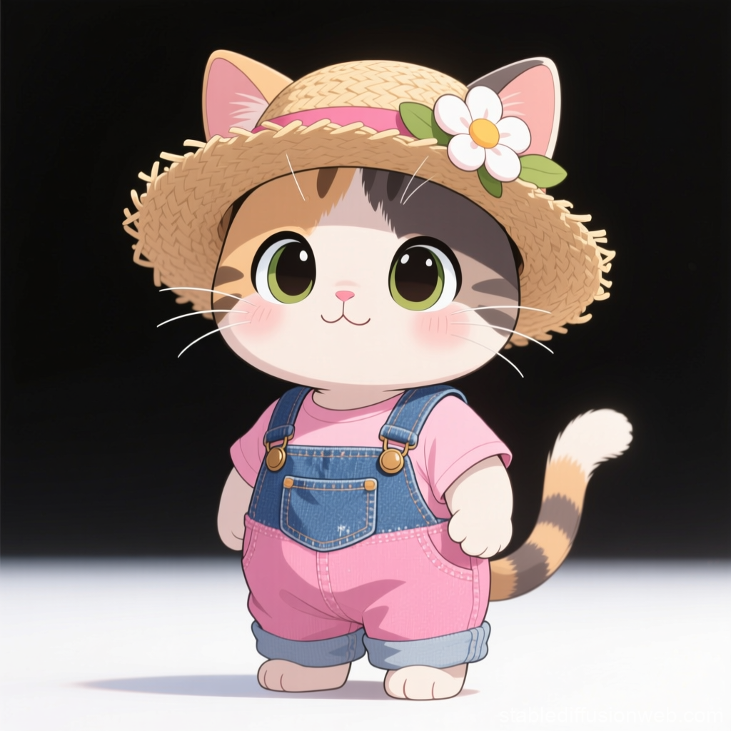 Cute Anime Baby Cat in Straw Hat and Overalls