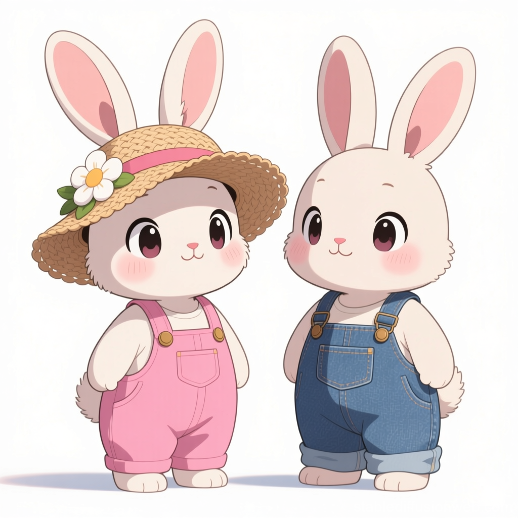 Cute Anime Bunnies in Overalls and Straw Hat