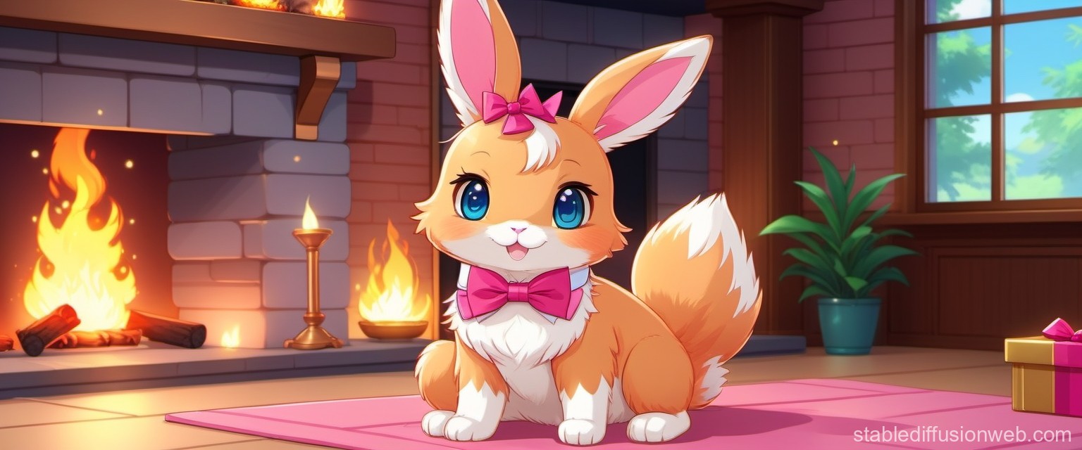 Cute Anime Bunny with Pink Bow by Fireplace