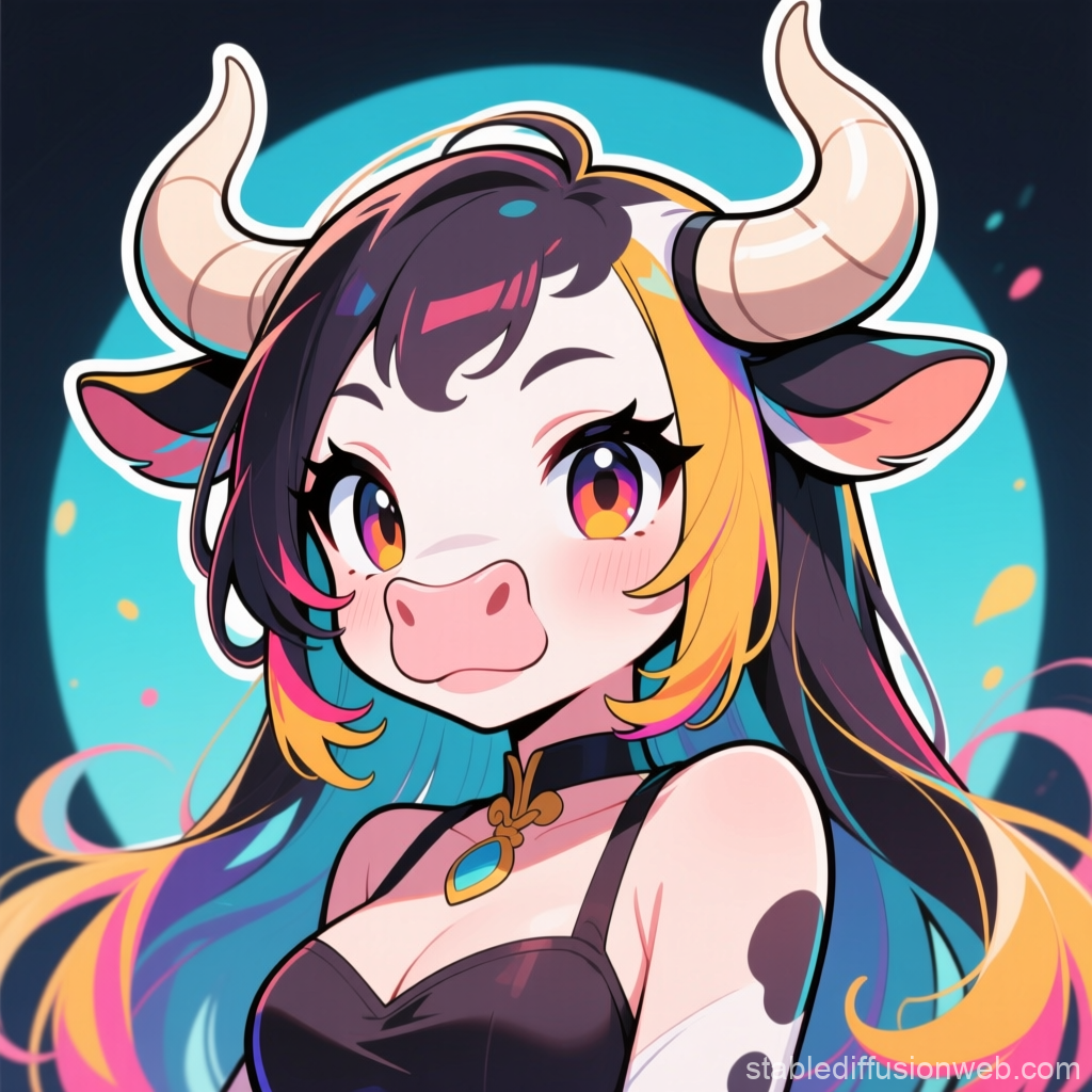 Cute Anime Cow Girl with Colorful Hair and Horns