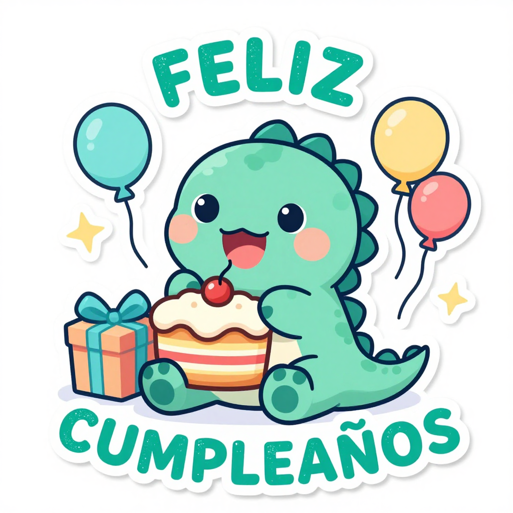 Cute Anime Dinosaur Celebrating Birthday with Cake and Balloons