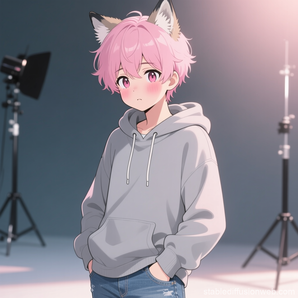 Cute Anime Femboy with Pink Hair and Cat Ears in Hoodie