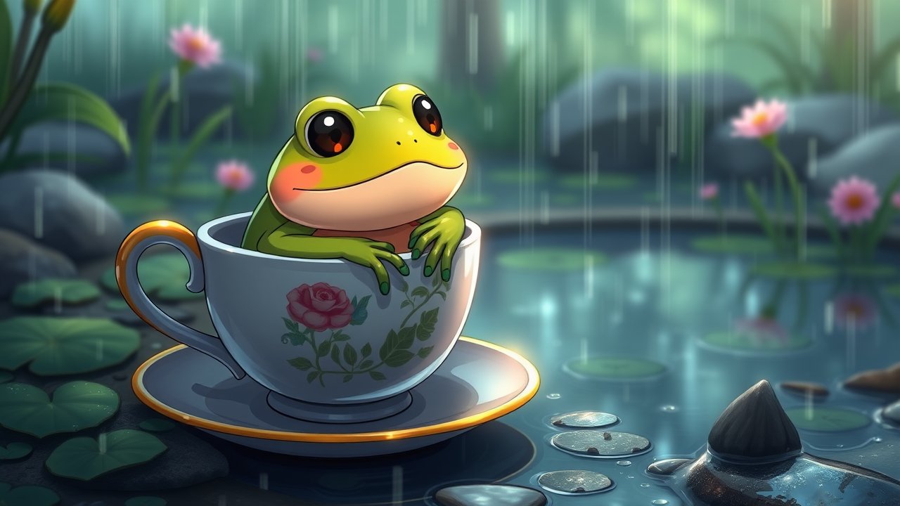 Cute Anime Frog Sitting in a Teacup in the Rain