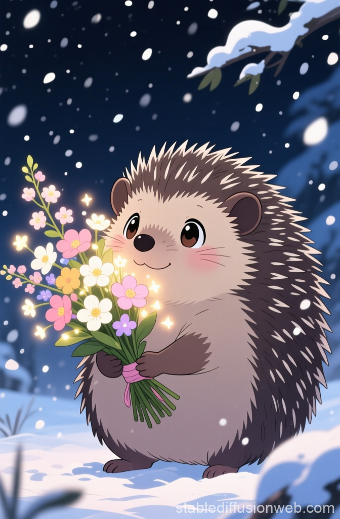 Cute Anime Hedgehog Holding Magical Flowers in Snow