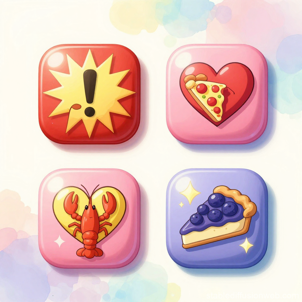 Cute Anime Style Food and Alert Button Icons Set
