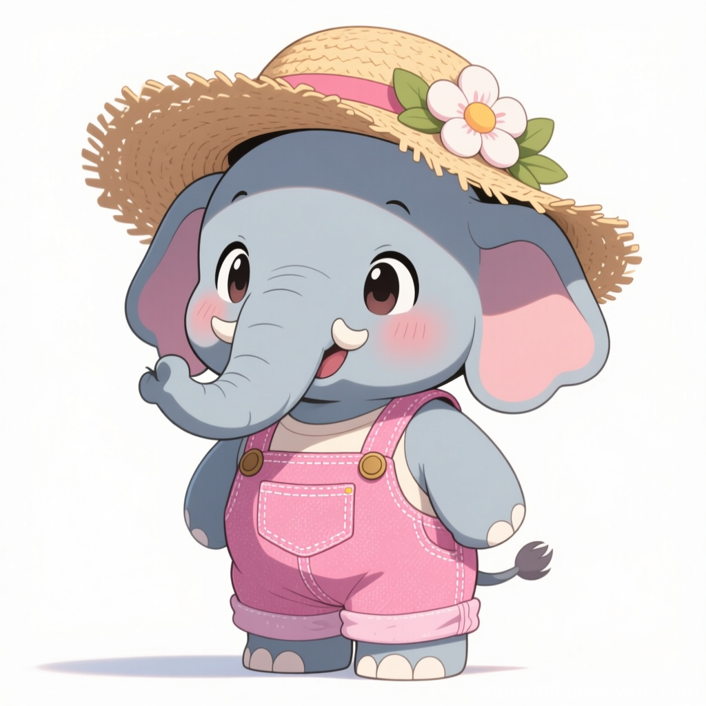 Cute Baby Elephant in Pink Overalls and Straw Hat