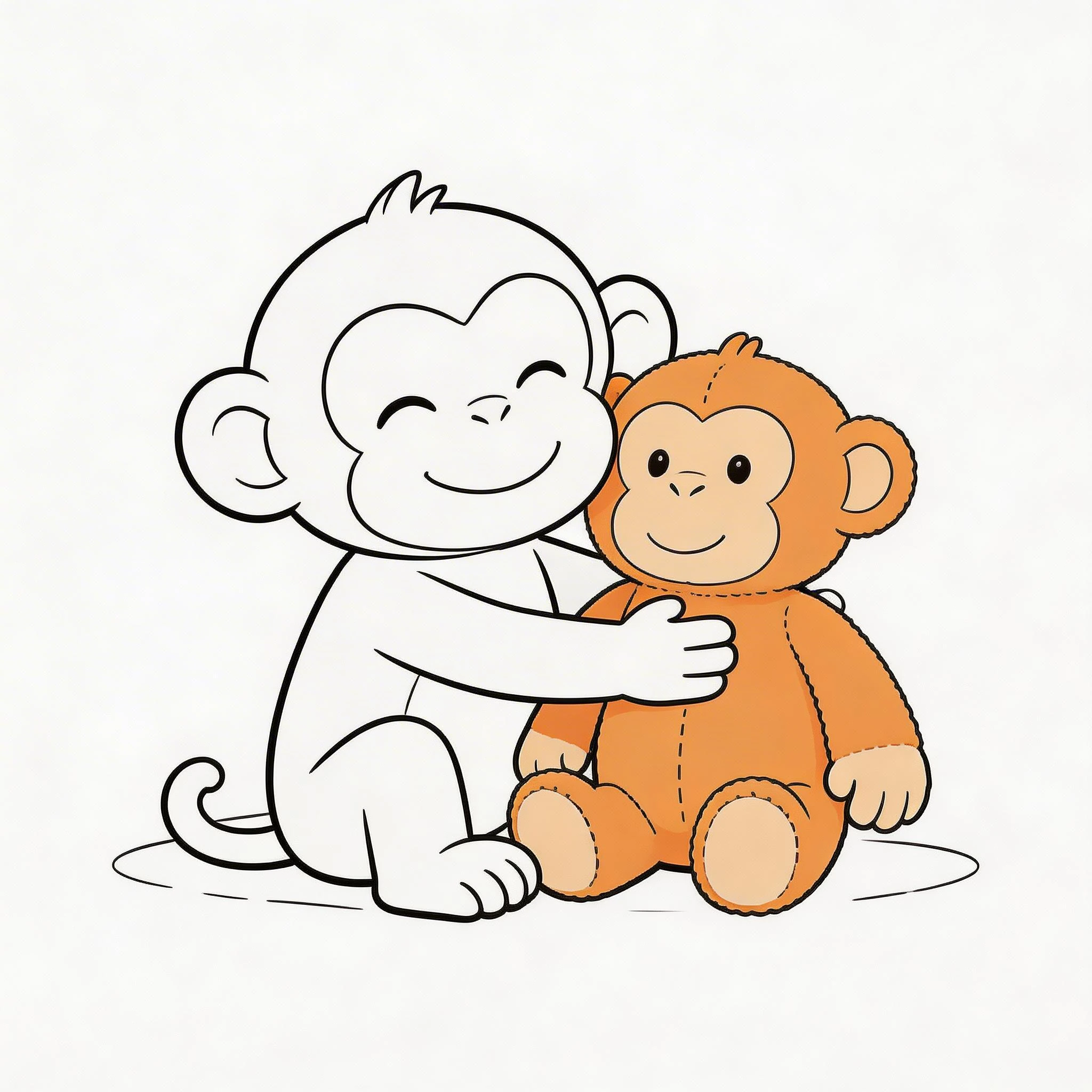 Cute Baby Monkey Hugging a Stuffed Monkey Toy