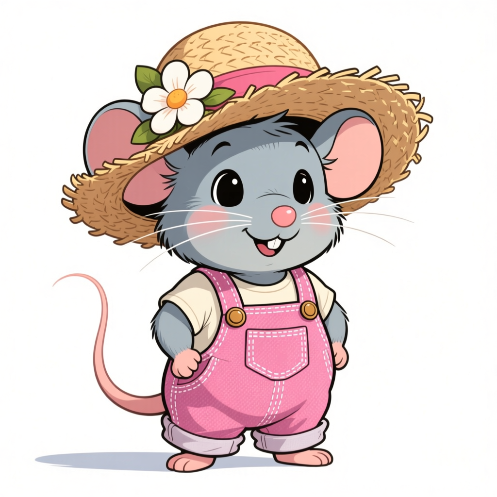 Cute Baby Mouse in Pink Overalls and Straw Hat