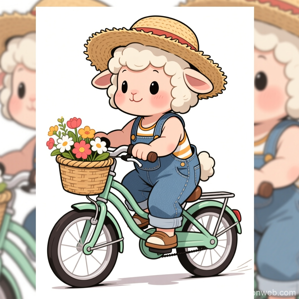 Cute Baby Sheep Riding Bicycle with Flower Basket