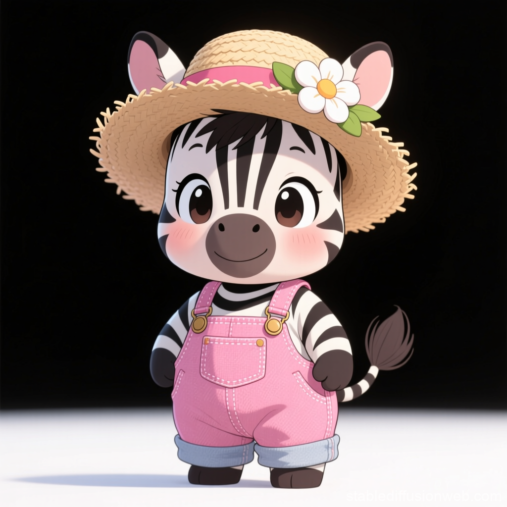 Cute Baby Zebra in Pink Overalls and Straw Hat
