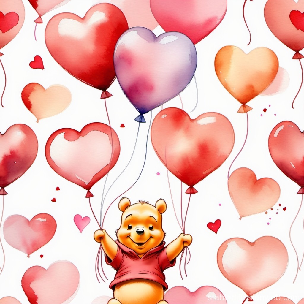 Cute Bear Holding Heart-Shaped Balloons in Watercolor Style