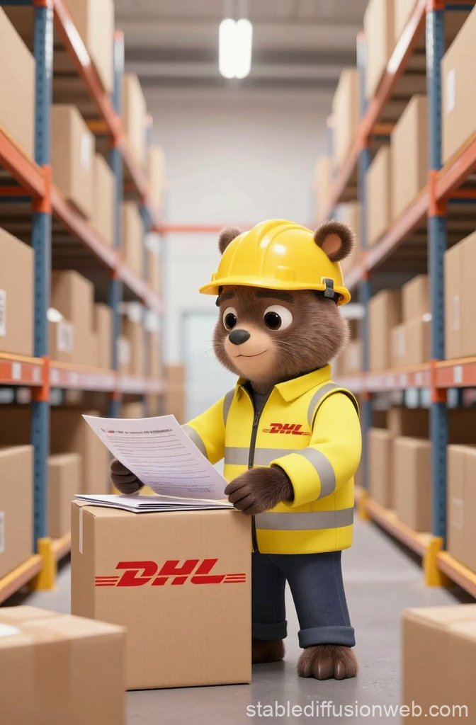 Cute Bear Worker Sorting DHL Packages in Warehouse