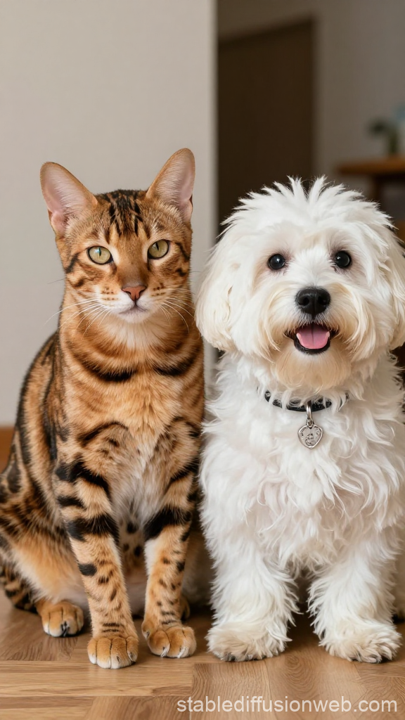 Cute Bengal Cat and Fluffy White Dog Sitting Together Indoors