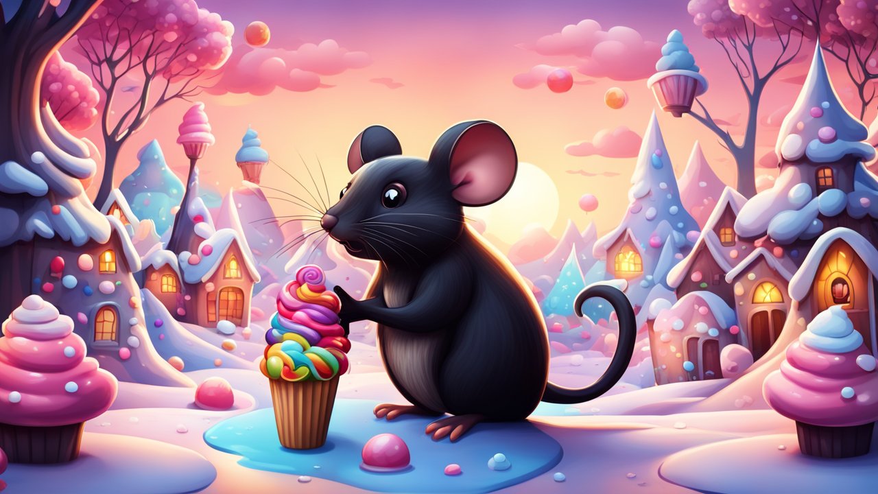 Cute Black Mouse Enjoying Colorful Cupcake in Candy Village