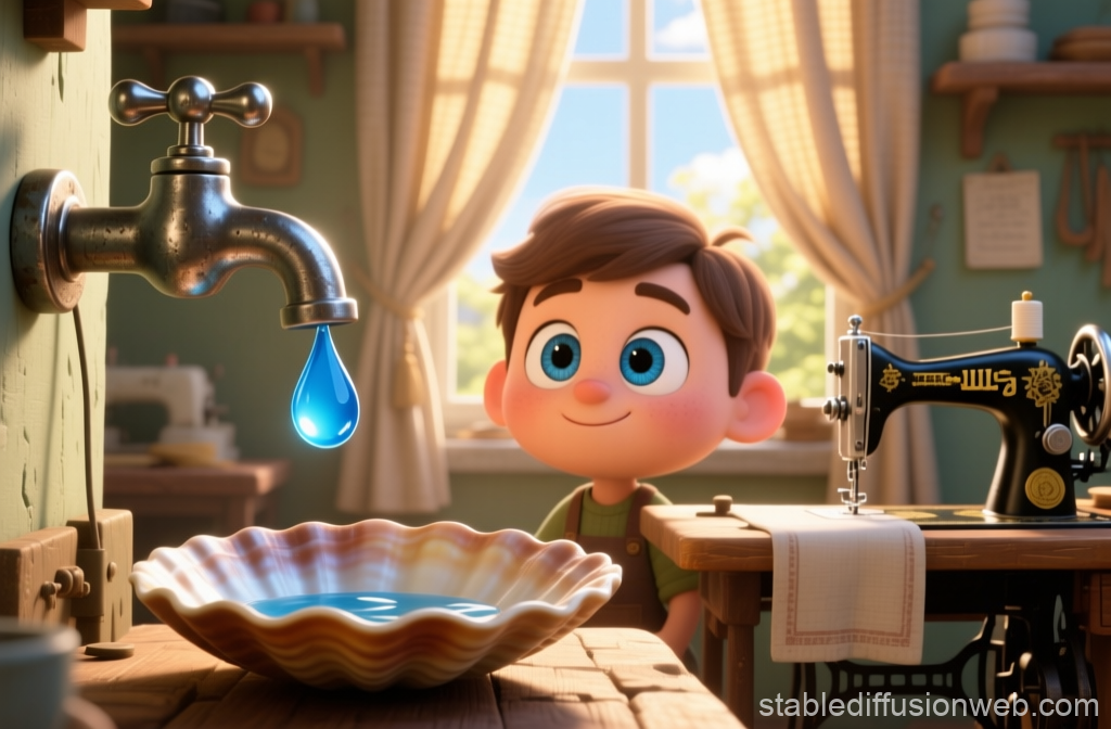 Cute Boy Watching Water Drop from Faucet in Cozy Room
