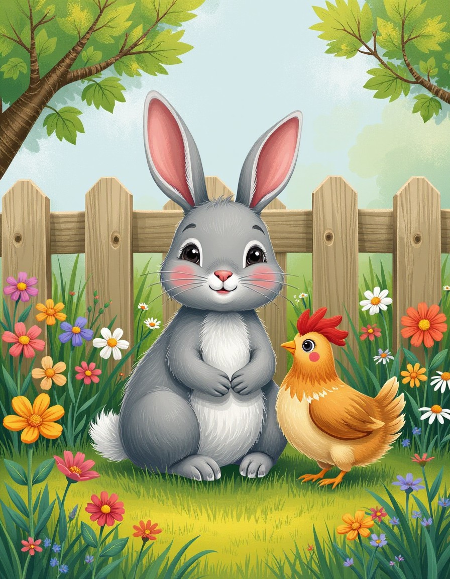 Cute Bunny and Chicken in a Colorful Garden