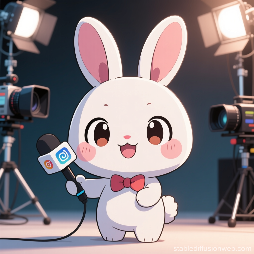 Cute Bunny Character as TV Reporter with Microphone