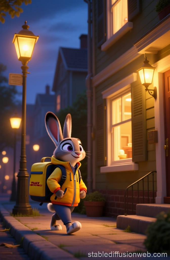Cute Bunny Delivery in DHL Jacket at Dusk