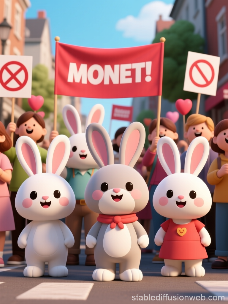 Cute Bunny Group at Feminist Protest with Red Banner