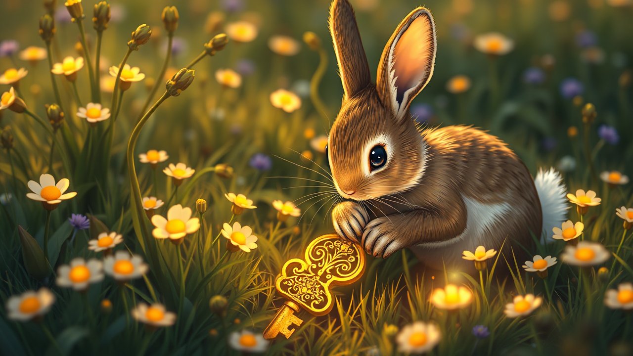 Cute Bunny Holding Ornate Golden Key in Flower Field