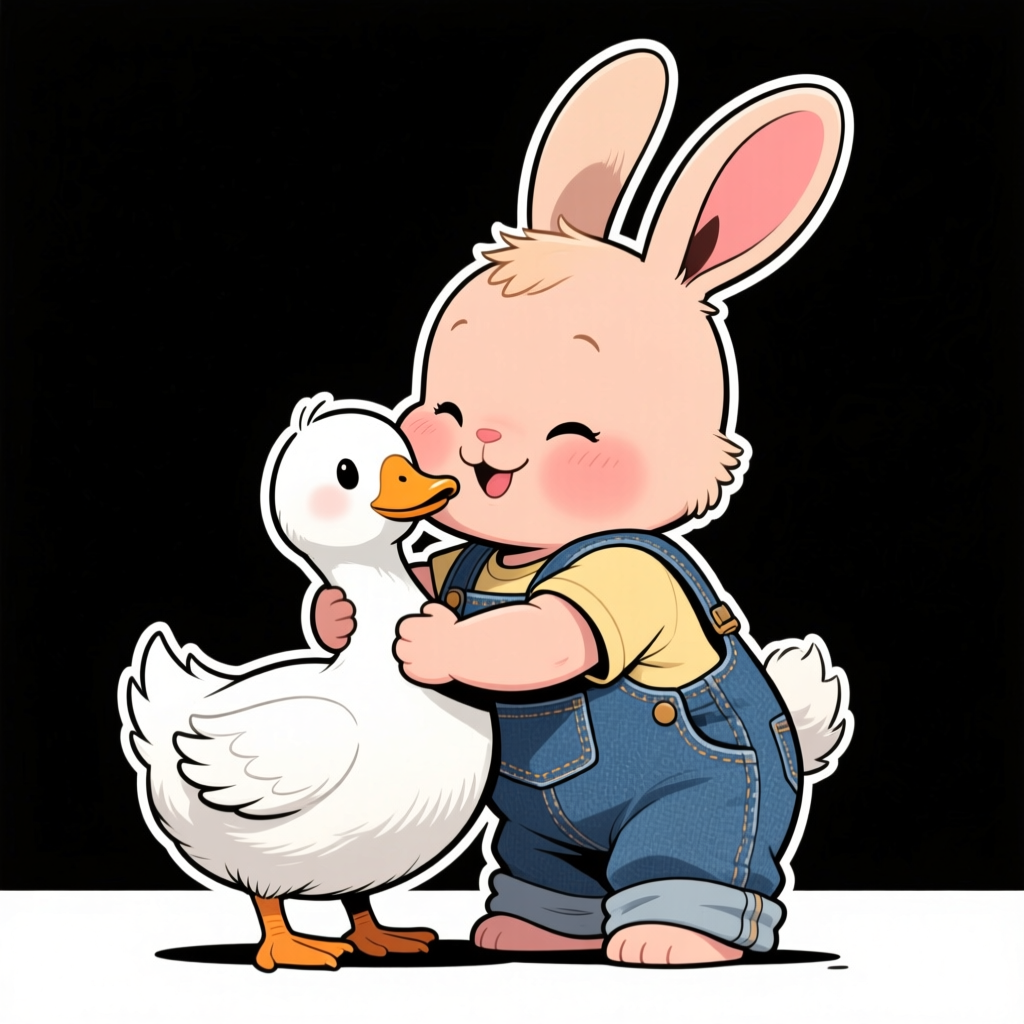 Cute Bunny Hugging a Happy Goose Illustration