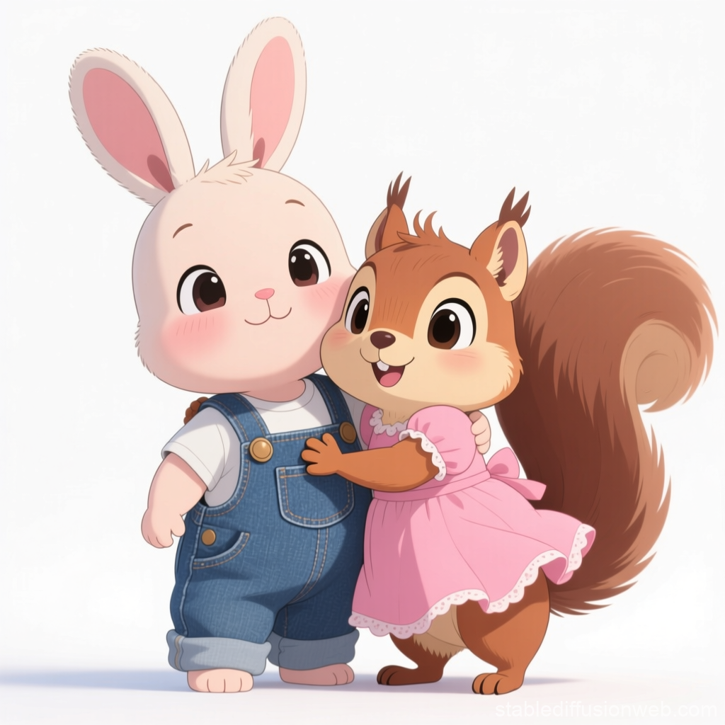Cute Bunny Hugging Squirrel in Adorable Outfits