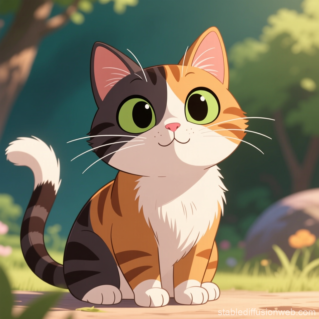 Cute Calico Cat with Big Green Eyes in Animated Style