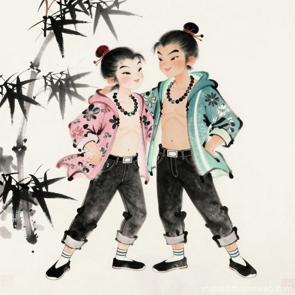 Cute Caricature Couple in Floral Jackets