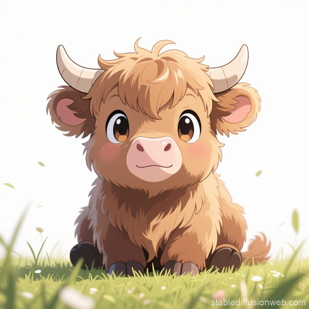 Cute Cartoon Baby Cow Sitting on Grass