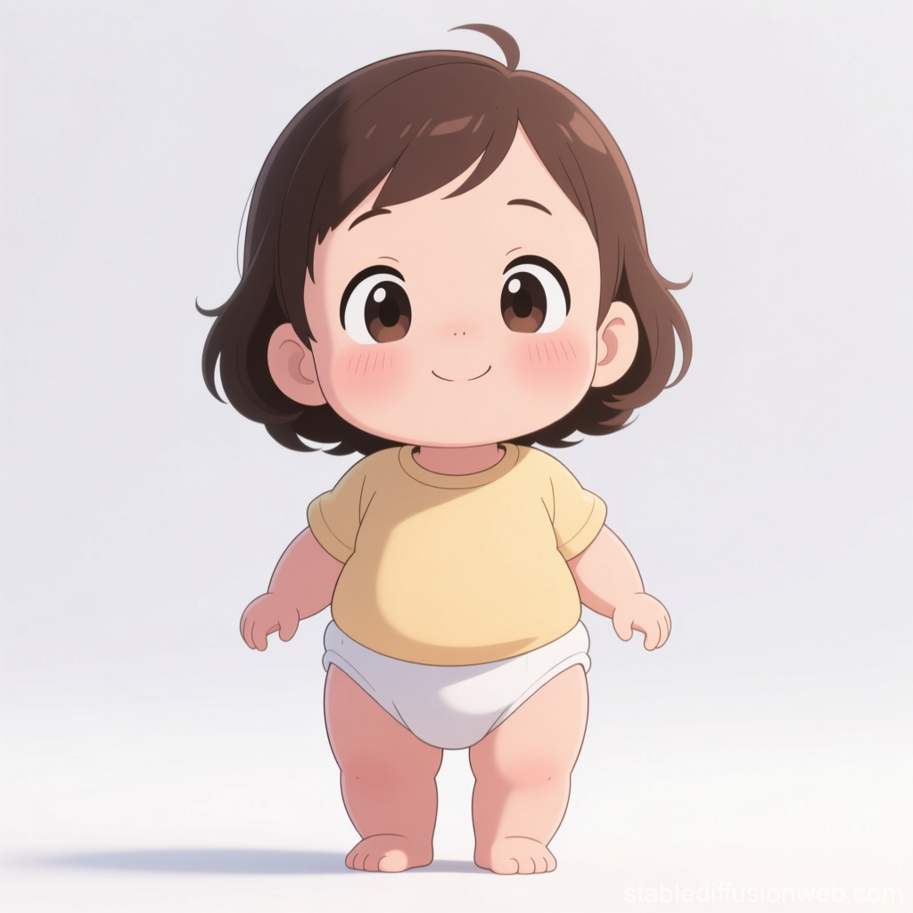 Cute Cartoon Baby with Big Eyes and Soft Expression