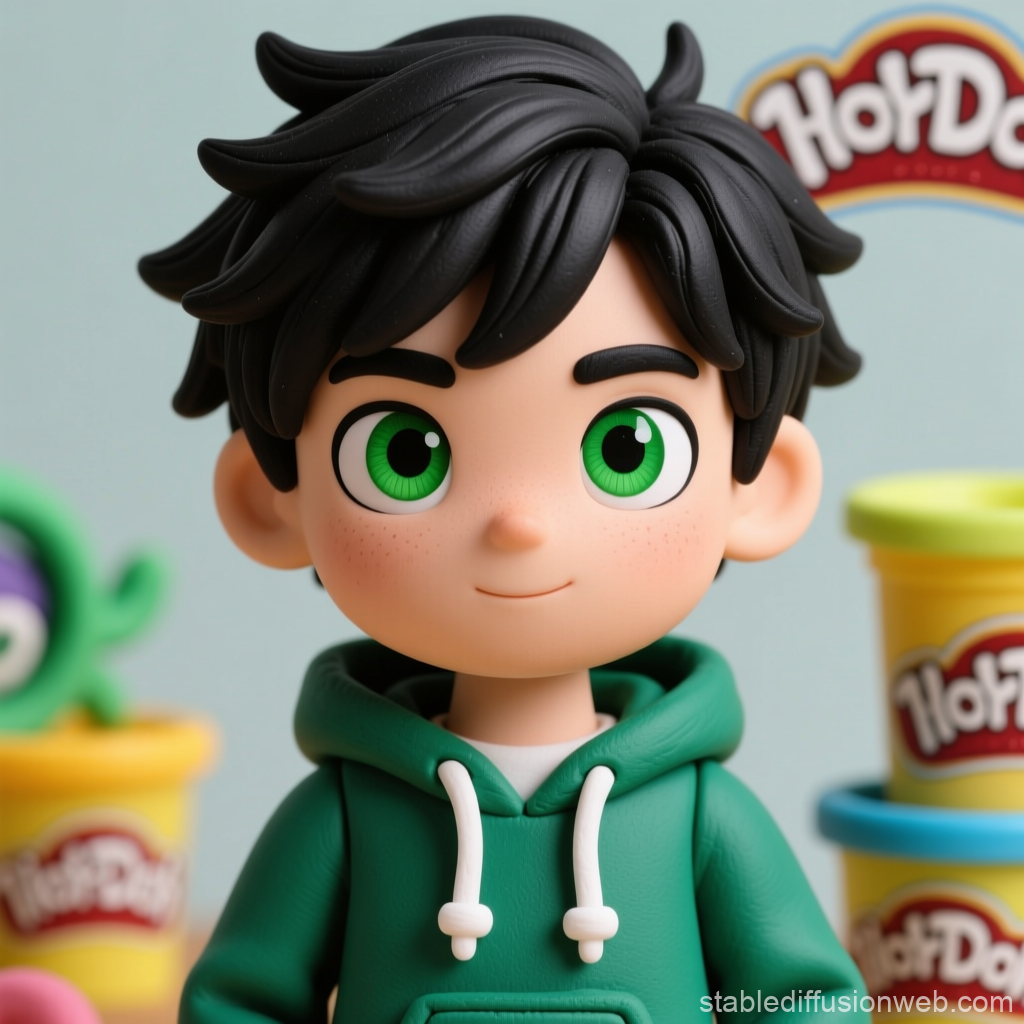Cute Cartoon Boy in Green Hoodie with Play-Doh Background