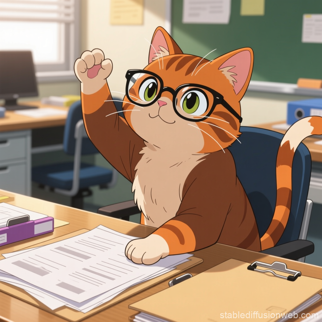 Cute Cartoon Cat Wearing Glasses at Office Desk
