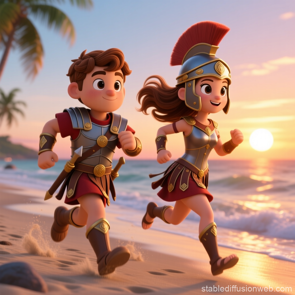 Cute Cartoon Centurions Running on Beach at Sunset