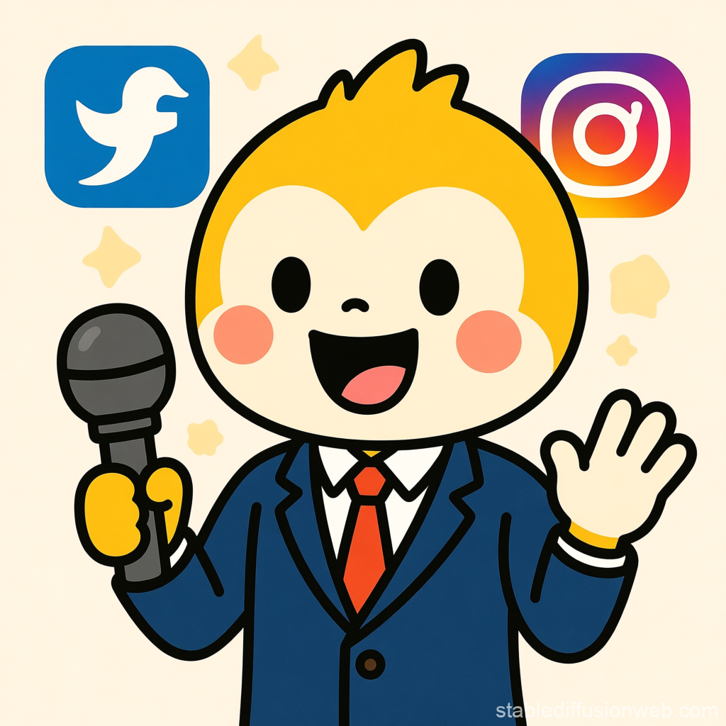 Cute Cartoon Character in Suit Holding Microphone with Social Media Logos