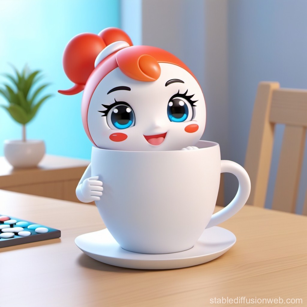 Cute Cartoon Character Peeking from a White Coffee Cup