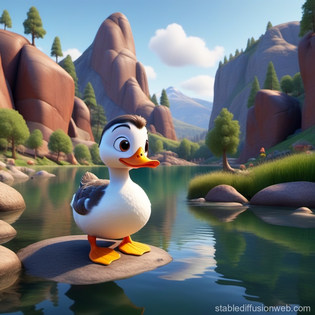 Cute Cartoon Duckling by a Mountain Lake